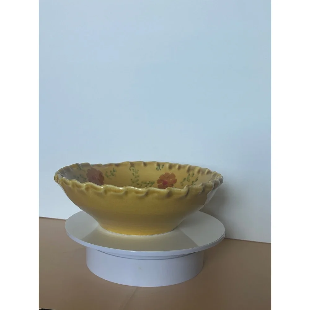 Sur La‎ Table Yellow Floral Ceramic Serving Bowl Scalloped Rim Made in Italy